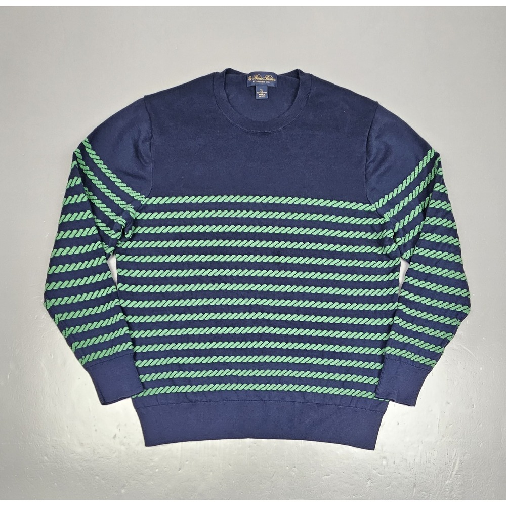 Brooks Brothers Sweater Mens XL Blue Green Jacquard Mariner Stripe Crewneck